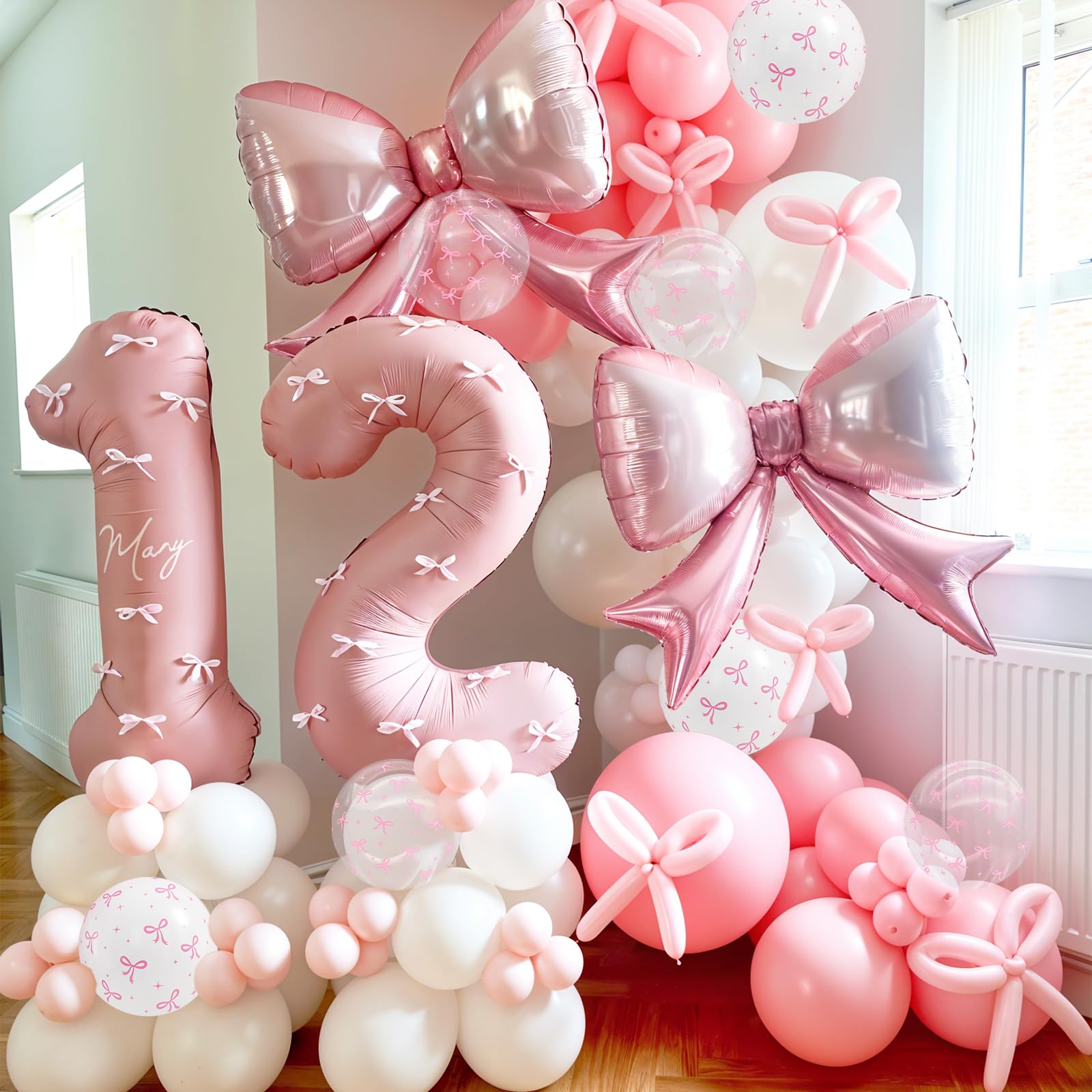Rosa Schleife Luftballons 30,5 cm Pastell Helles Baby Rosa Weiß Kokette Ballon Bogen Druck Party Ballon für Mädchen Frauen Prinzessin Braut Babyparty Kokette Geburtstag Thema Hochzeitstag Dekor