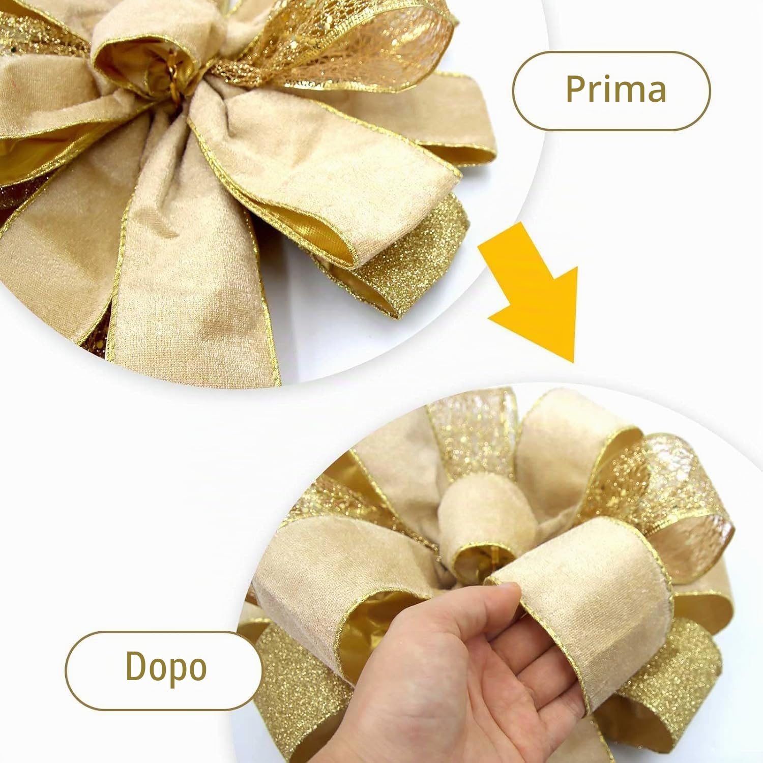 LATERN Dorato Fiocco Puntale per Albero di Natale, 30CM x 110CM Grande Fiocco Natalizio in Velluto Cappello con Raso Glitterato Stelle Filanti per Natale Albero Camino Ghirlanda Porta Casa Decorazioni