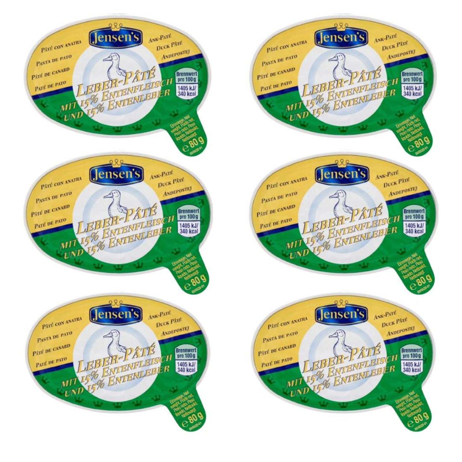 Pâté D'Anatra Jensen's Leber - Set da 6 vaschette x 80g (Totale 480g) - Specialità Tedesca Gourmet con 15% Carne d'Anatra e 14% Fegato d'Anatra - Ideale per Antipasti e Aperitivi