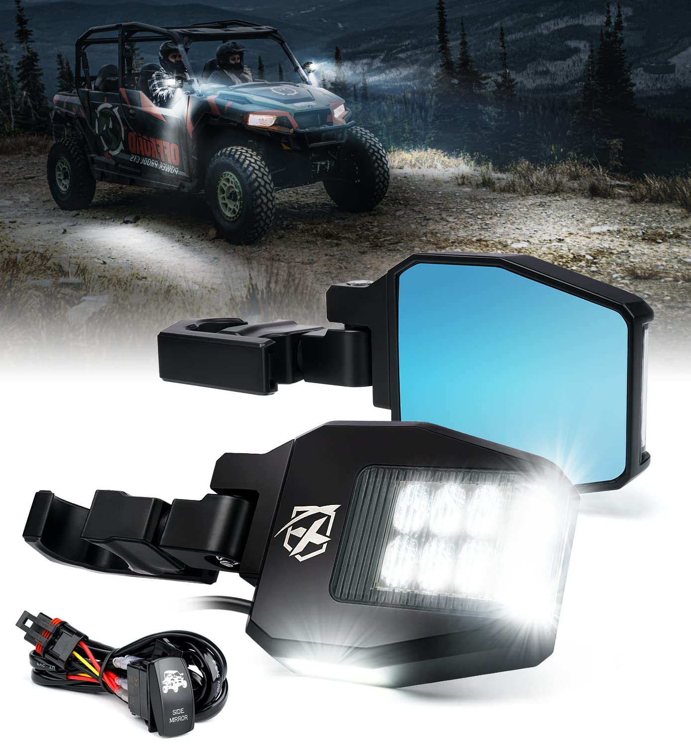 Buy Xprite UTV LED Side View Mirrors Aluminium w/ Puddle Lights, Fits 1