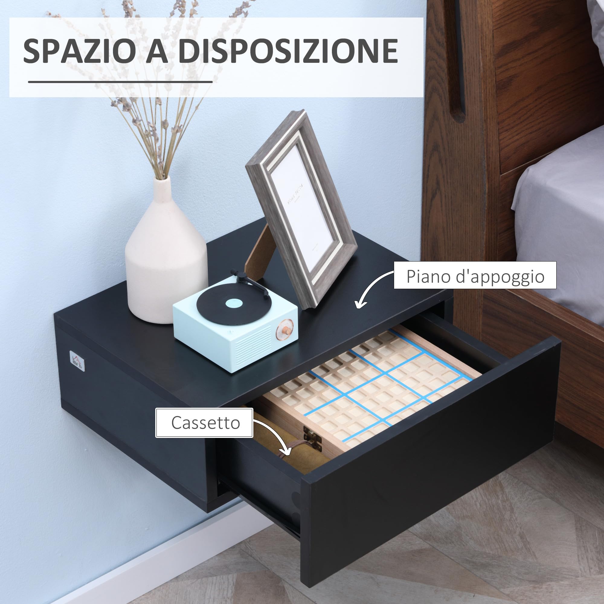 HOMCOM Set 2 Comodini Sospesi con Cassetti, Comodini Camera da Letto in Truciolato, Stile Moderno, 40x30x15 cm, Nero
