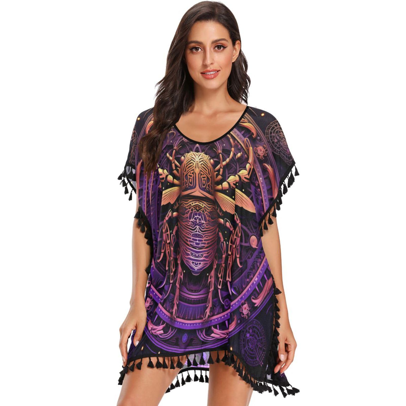 Abstract Purple Horoscope Women's Beach Cover Up Chiffon Tassel Swimwear Swimsuit Coverups for Girl