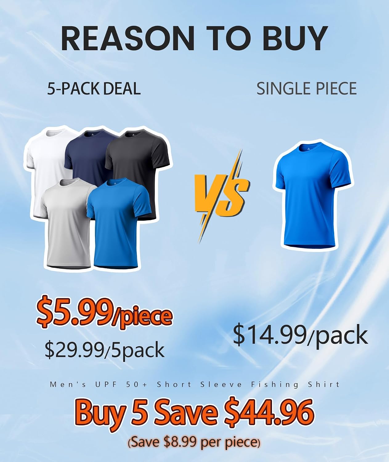 ZITY 5 Packs Men's UPF 50+ Sun Protection T-Shirts Workout Fishing Swimming Rash Guard Fast Dry Breathable Shirt