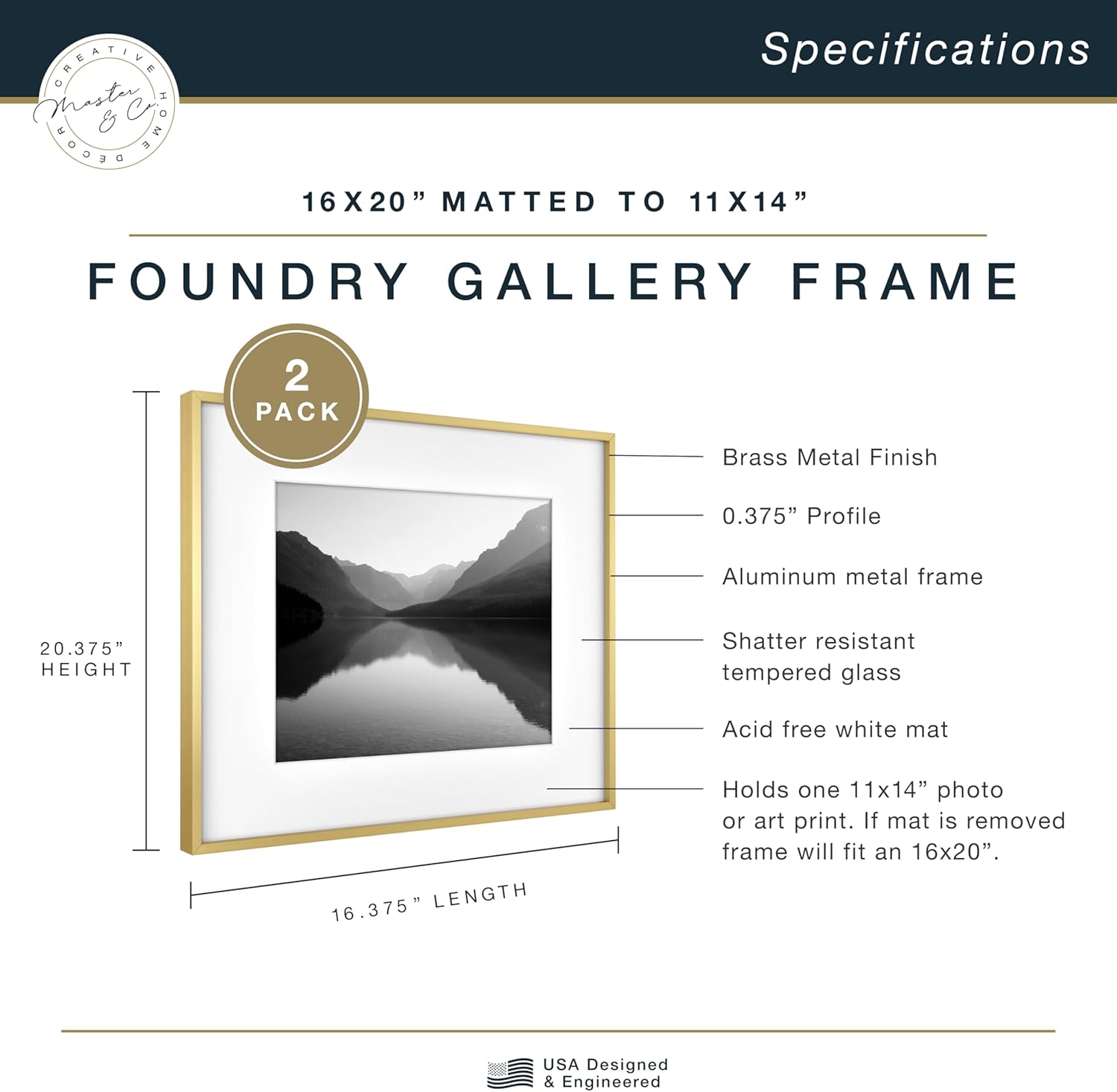 MCS Master & Co. Foundry Metal 16x20 Matted Picture Frame with 11x14 Photo Display, Brass Vertical & Horizontal Wall Hanging Frame for Photos & Artwork (2-Pack) - Image 3