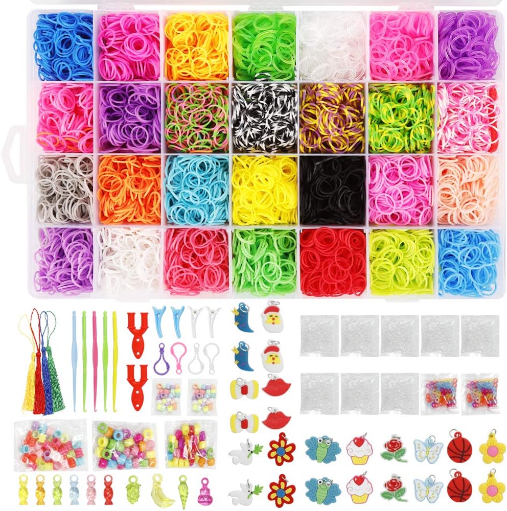 Clucycia Colorful Rubber Bands Kit Set 28 Colors 10600pcs Kids' DIY Jewelry-Making and Beadwork Kits Toy in Storage Cases
