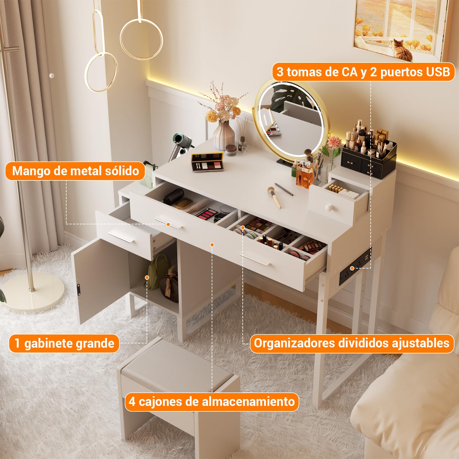 iSunirm Tocador de Maquillaje Moderno con 4 Cajones, Mesa Tocador Blanca con Mueble Reversible, Vanity de Maquillaje para Dormitorio, 90x40x76 cm