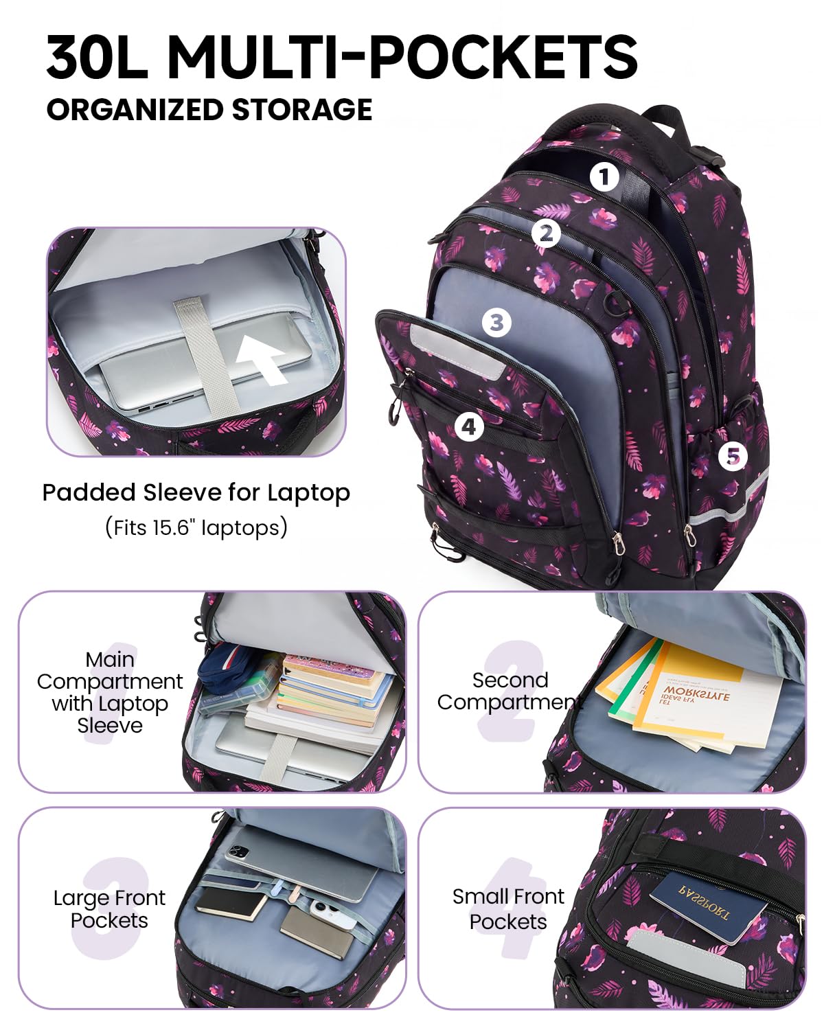 Amythe Ergo Schulranzen Teenager Mädc mit Abnehmbarem Hüftgurt | Ergonomischer Schulrucksack Teenager, 30L Rucksack Schule mit Verstaubare Netztasche, 5-13 Klasse für Schule, Reisen, Sport