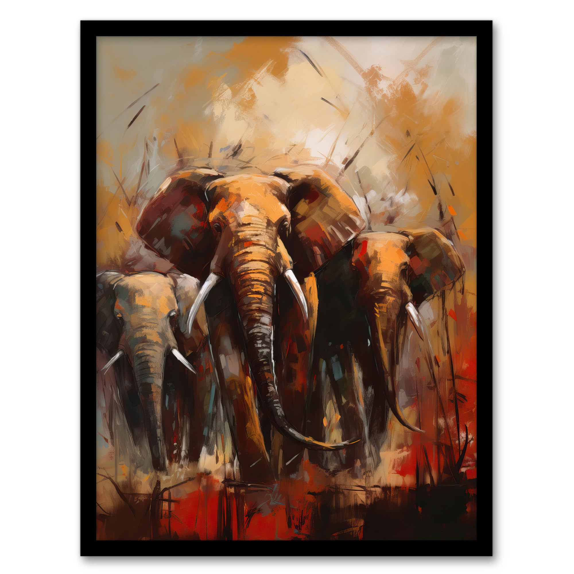 Artery8 The Elephant Charge By Duncan Flint African Elephants Oil Painting Artwork Framed Wall Art Print A4