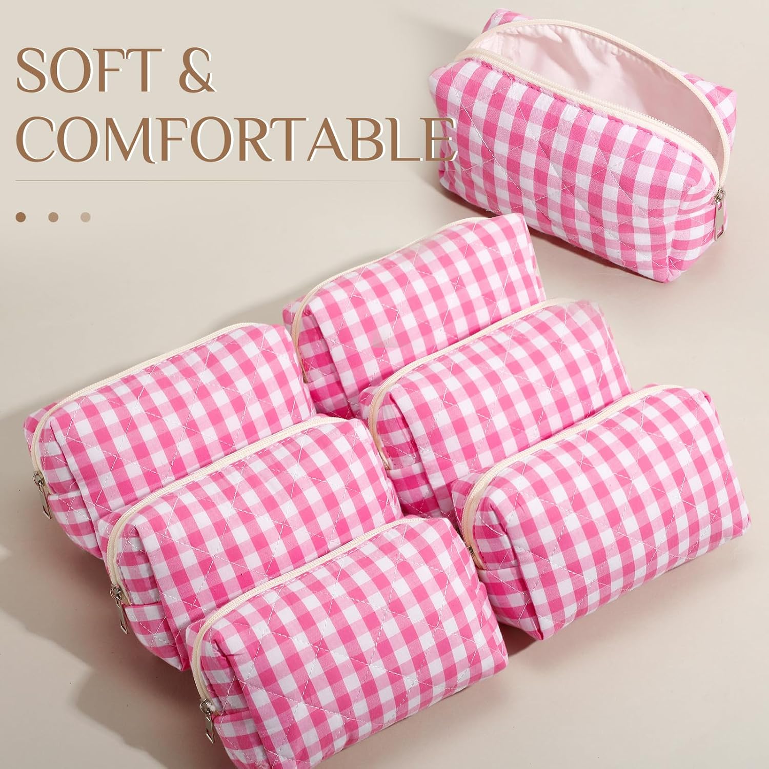 Paterr 6 Pcs Quilted Makeup Bag Bulk for Women Girls Birthday Valentine's Day Bridesmaid Gifts Cute Cotton Cosmetic Pouch Bow Floral Coquette Aesthetic Travel Toiletry Bag(Plaid,Pink)