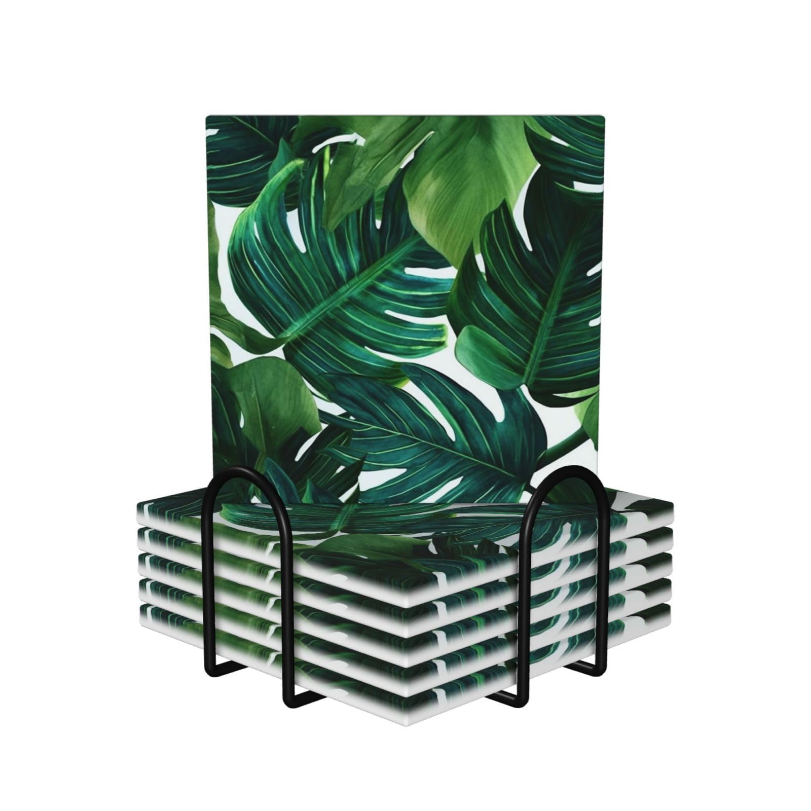 6Pcs Ceramics Coaster for Drinks, Banana Leaves Cup Coasters with Holder, Aesthetic Drink Coasters for Coffee Table, Absorbent Round Coaster for Tabletop Protection 4" Cup Mat Pad