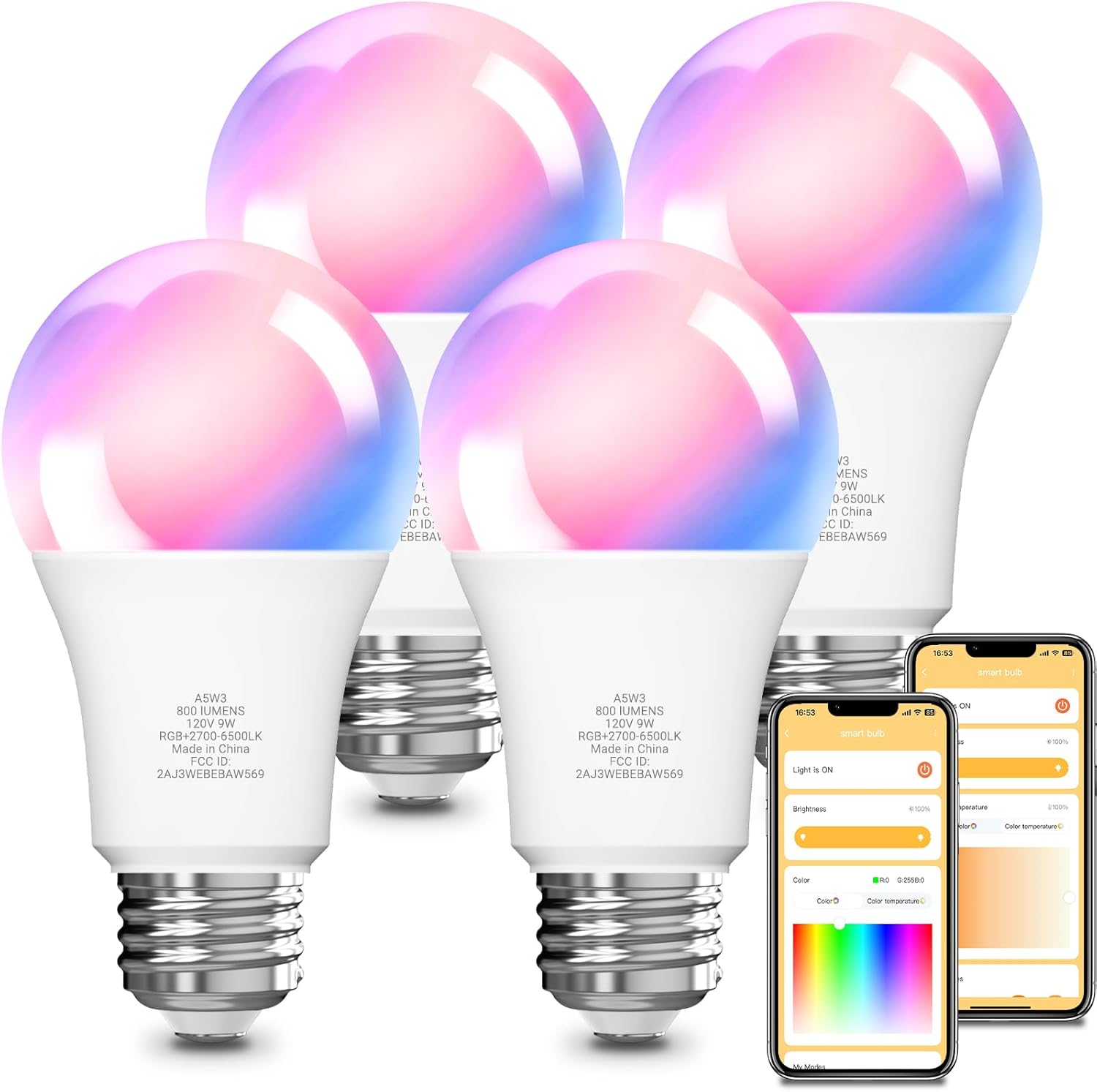 VOLIVO Smart Light Bulbs, Color Changing LED Bulb, Work with Alexa and Google Assistant, WiFi & Bluetooth Smart Bulbs, Music Sync, A19, E26, 9W, 800 Lumens, 4 Pack (2.4GHz Only)