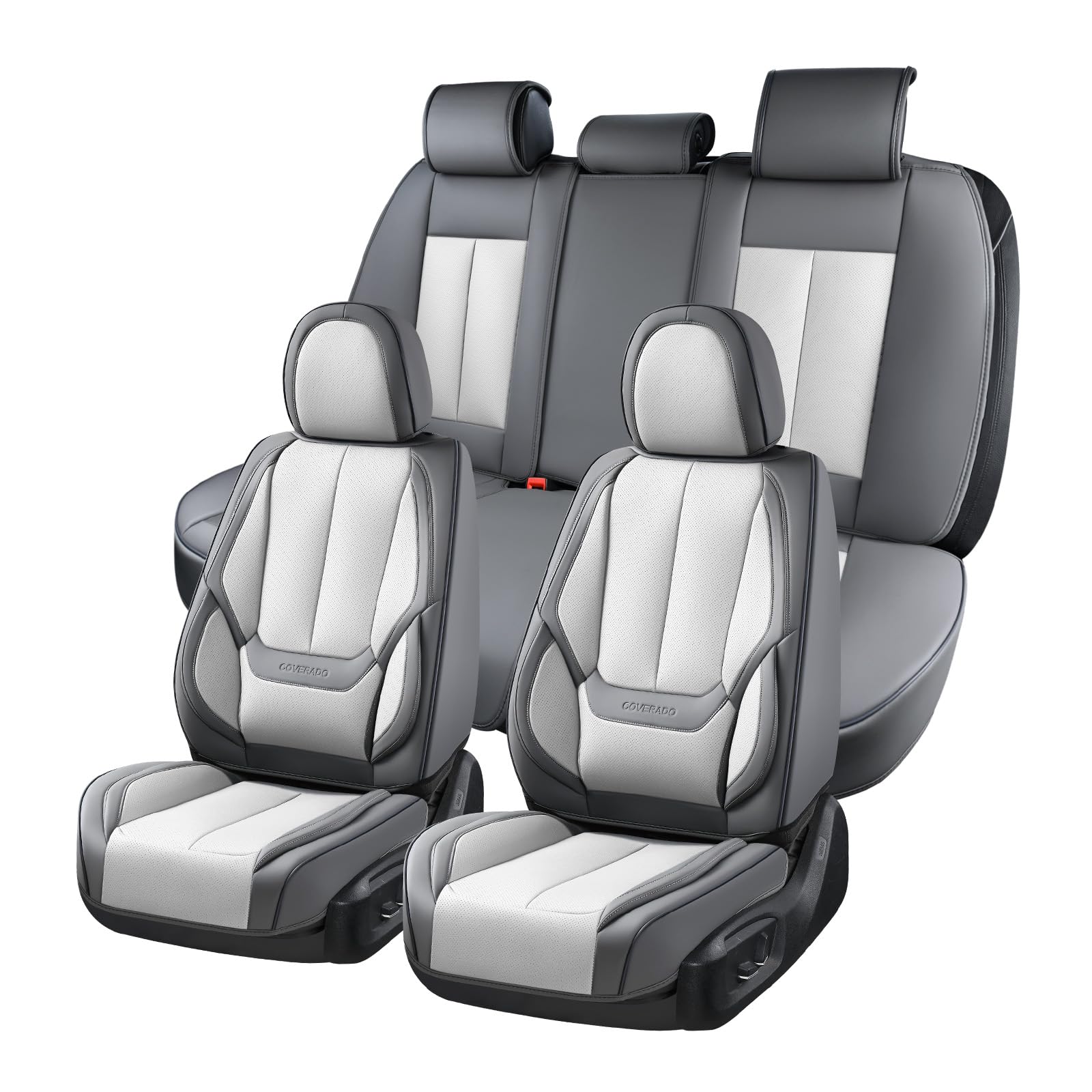 Coverado Car Seat Covers Full Set, Seat Covers for Cars, Car Seat Covers Front Seats and Back Car Seat Protector Waterproof, Leather Car Seat Cushion Universal Fit for Most Cars Gray-White