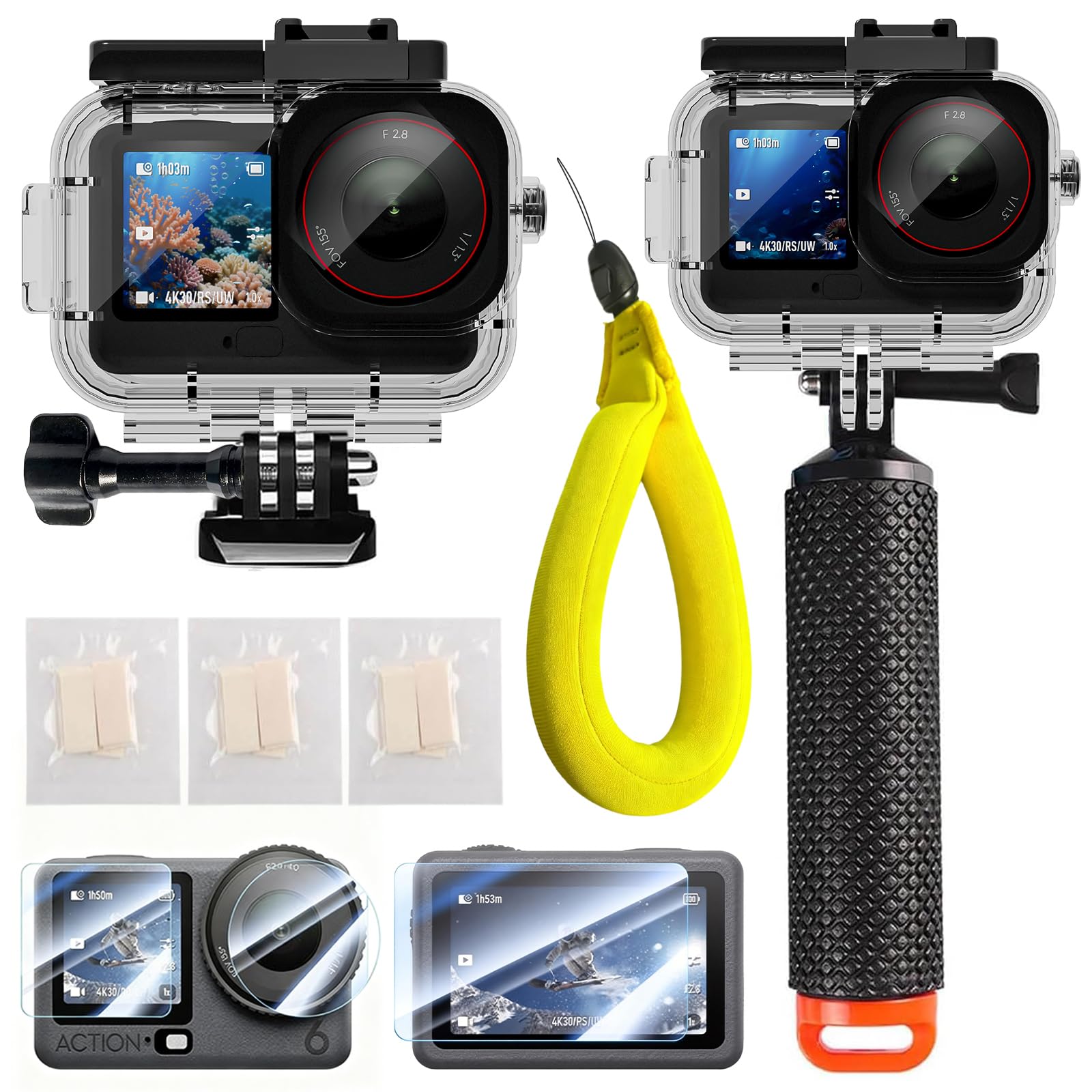 IPX8 70M/230FT Waterproof Case Kit for DJI Osmo Action 6 with Tempered Glass Film, Floating Handle Grip & Floating Wrist Straps, Anti-Fog Underwater