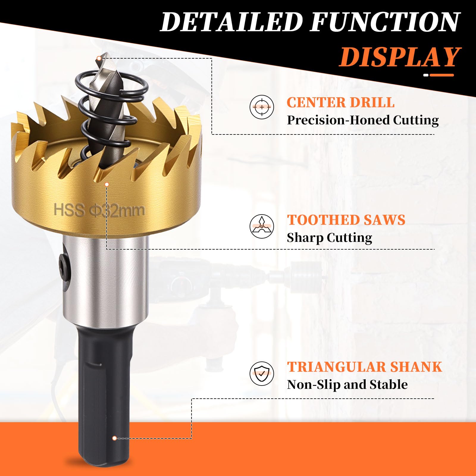 METALLIXITY Hole Saw 32mm (1-1/4"), M2 High Speed Steel Hole Cutter with Center Drill Bit, Hex Key and Spring - Image 3