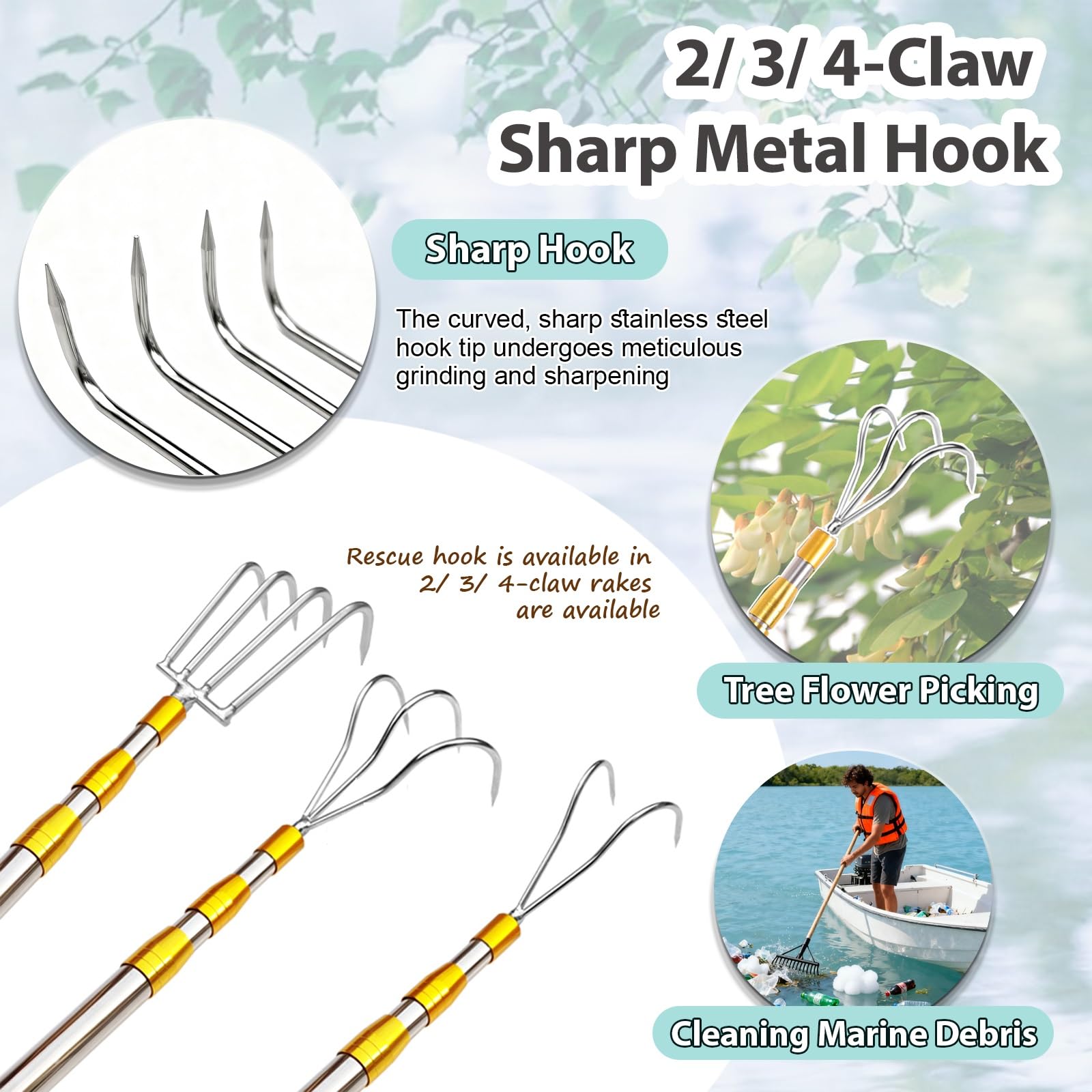 Mezzo Marinaio per Barca Gancio di Raccolta/Asta per Mezzo Marinaio 60-600 cm, Attrezzo di Presa in Acciaio Inox/Rimozione Detriti Arborei, Asta Telescopica Push-pull(4-Claw,96-250cm/38" - 99")