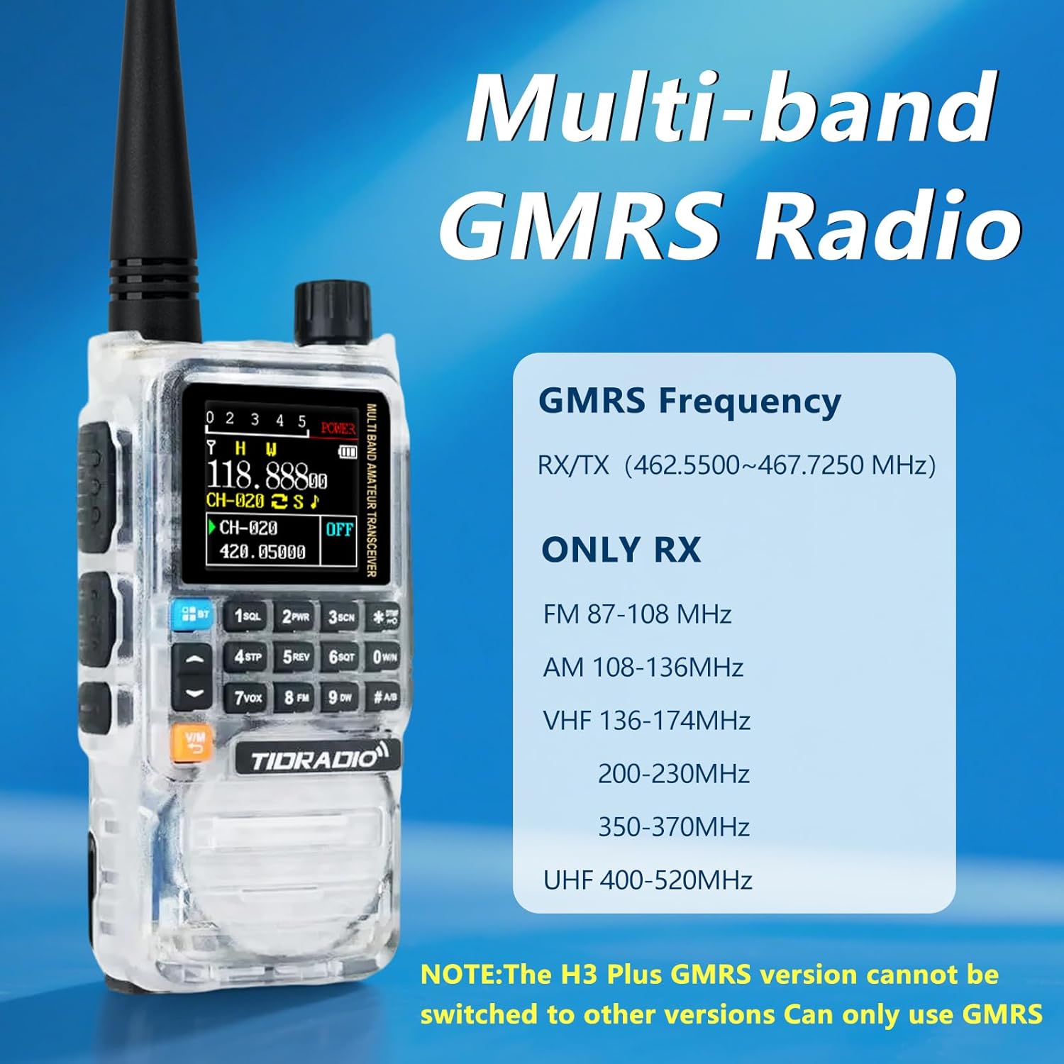 Diagram showing GMRS and other receive-only frequencies for TIDRADIO TD-H3 Plus