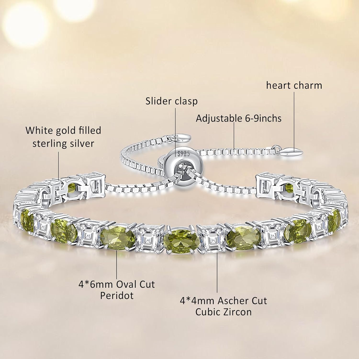 Sterling Silver Birthstone Bracelets for Women White Gold Tennis Bracelets Adjustable Chain 6-9 Inchs Jewelry Hypoallergenic Anniversary Birthday Gifts for Women Mom Wife Her - Image 4