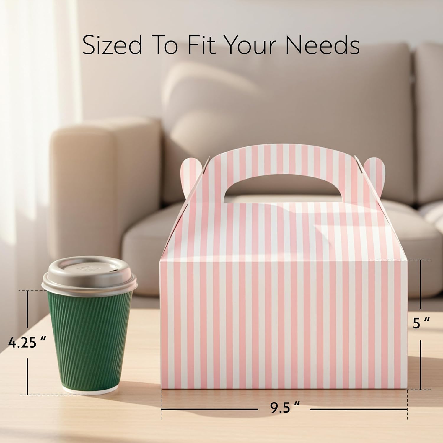 Bio Tek 9.5 x 5 x 5 Inch Gable Boxes For Party Favor, 100 Striped Gift Boxes - Clear Window, Built-In Handle, Pink And White Paper Barn Boxes, Disposable, For Parties