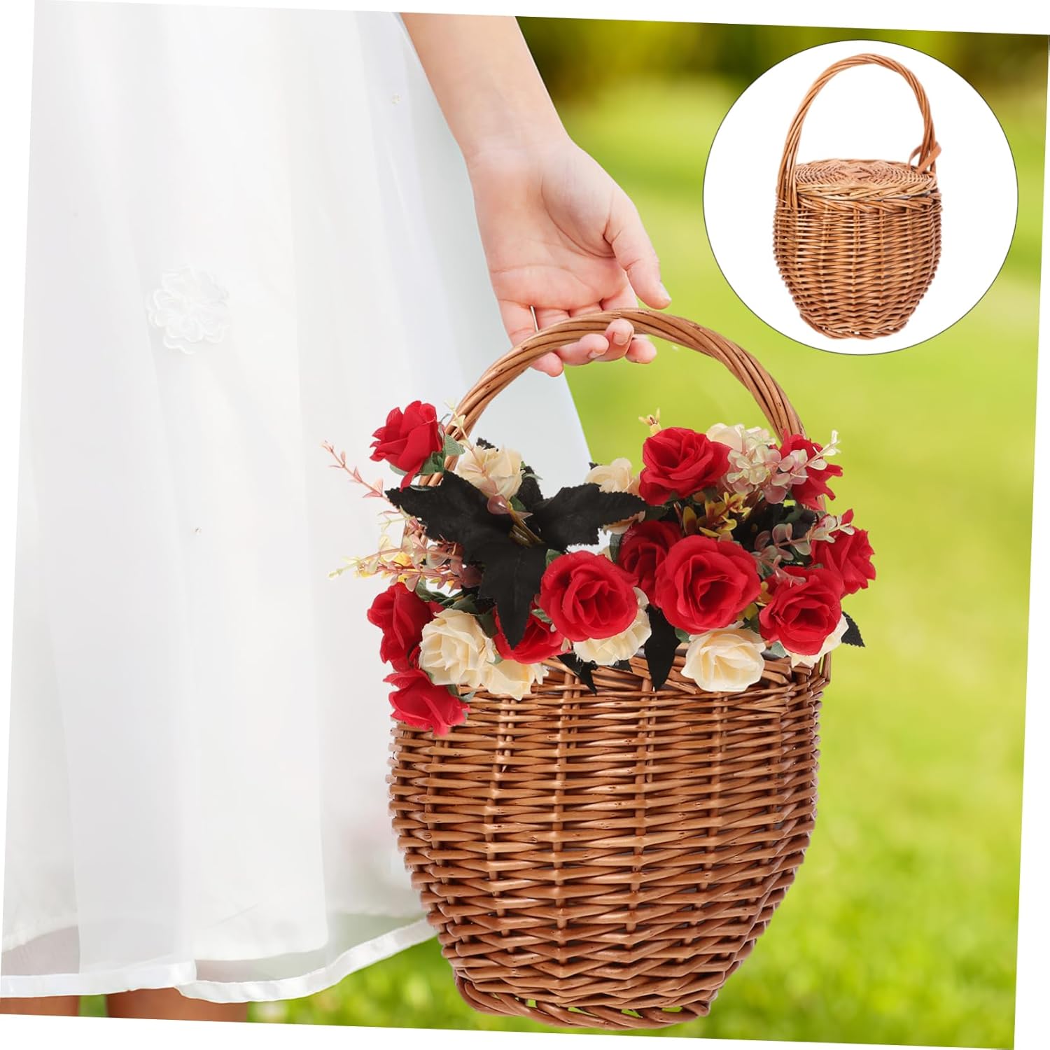 Handwoven Wicker Flower Basket for Storage and Picnics Stylish Multi-Purpose Willow Basket Handle for Home Decor Weddings Camping and Outdoor Events