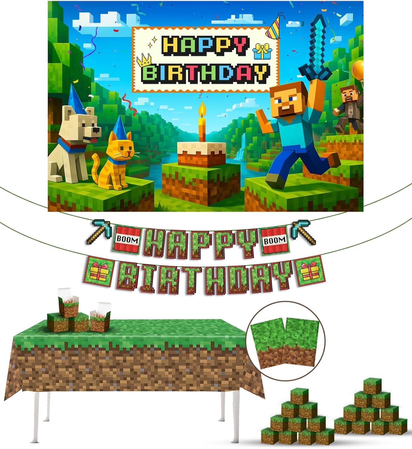 Pixel Happy Birthday Backdrop 6x4ft with 27 Pcs Miner Happy Birthday Banner Pre-strung 10ft Pixel Miner Table Cover 2 Pcs 108"x108" Treat Boxes 24 Pcs Pixel Video Game Birthday Decorations Set