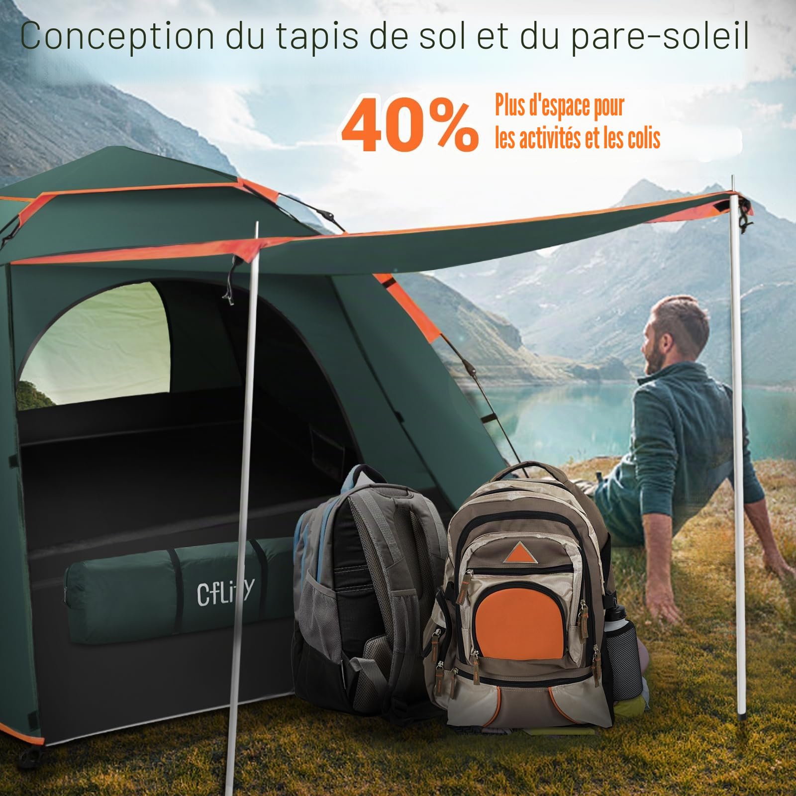 Cflity Tente de Camping Automatique 3 Personnes Pop Up, Instantanée 3 Couches Imperméable 4 Saisons à Dôme & Bâche avec Tapis de Sol Étendu Porche 2 Bâtons