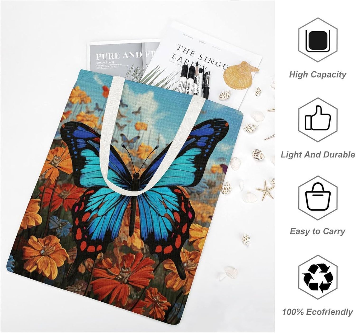 Big Butterfly Canvas Tote Bag Reusable Grocery Bags Foldable Soft Cotton Shoulder Carry Bag