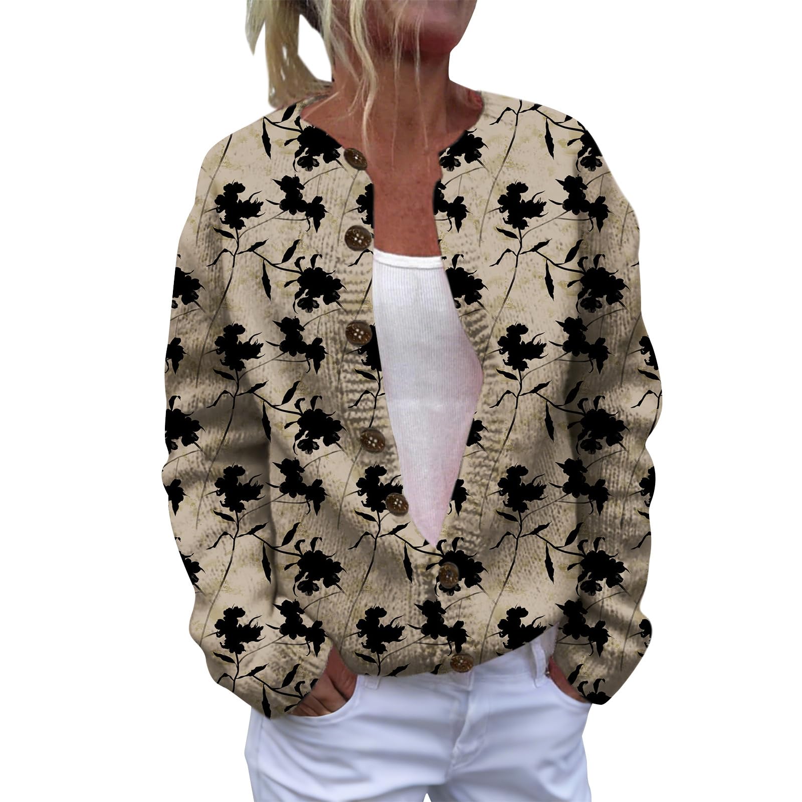 Womens Cute Button Down Coatigan Fall Long Sleeve Open Front Chunky Knit Cardigan Floral Print Cardigans Boho Sweater