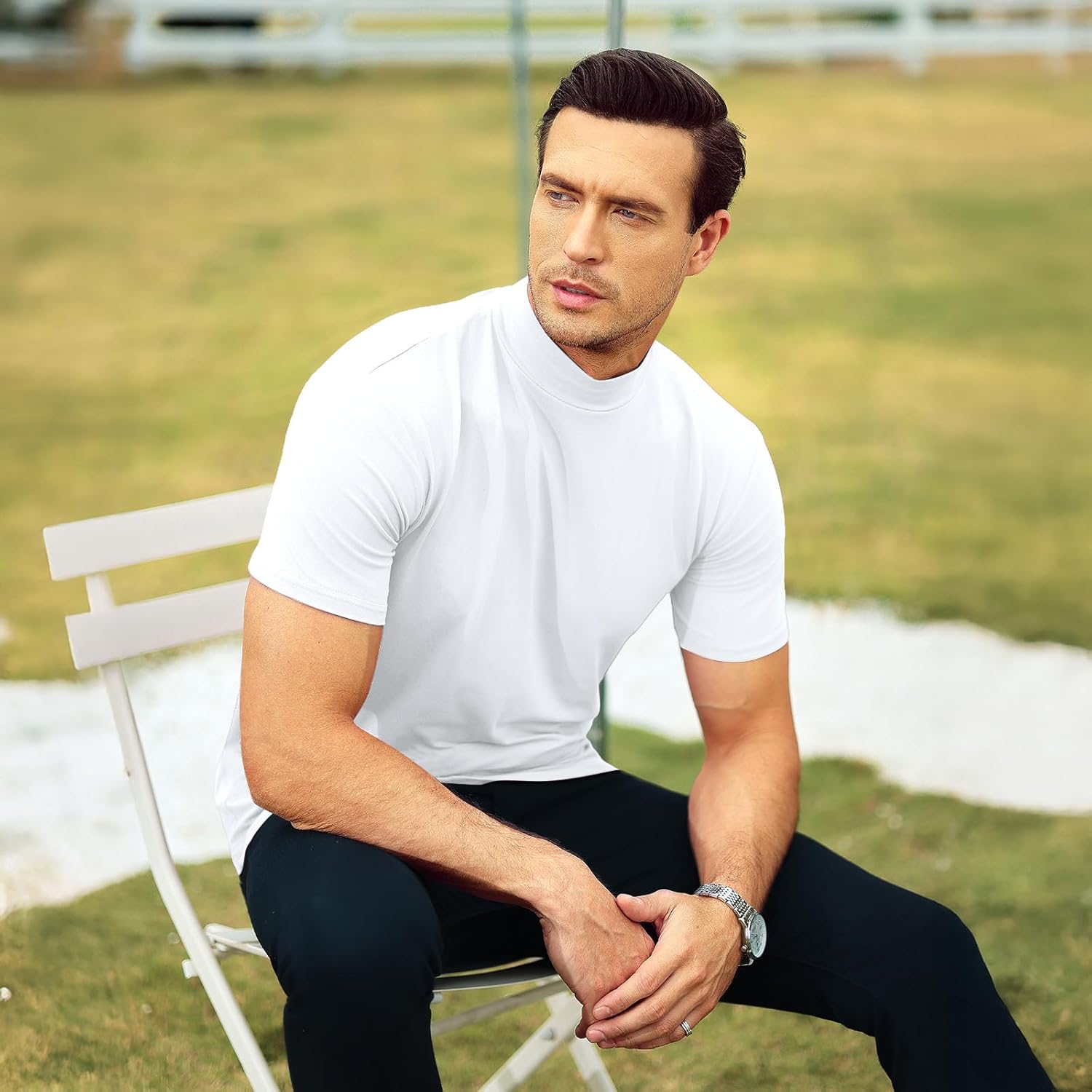 Mens T Shirt Short Sleeve Basic Mock Turtleneck Slim Fit Undershirt Pullover Thermal Solid Tops - Image 4