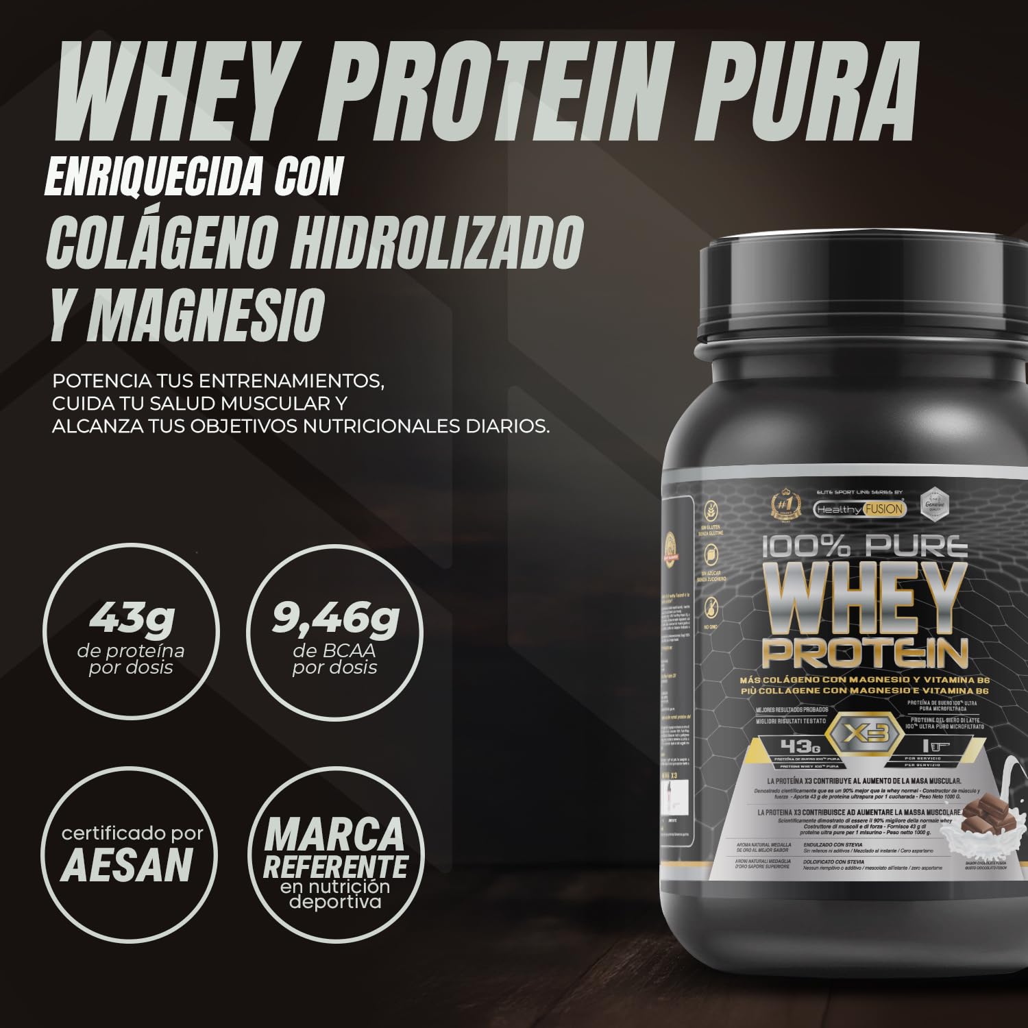 Healthy Fusion Whey Protein | Proteína Whey pura con Colágeno + Magnesio | Mejora tus entrenamientos | Protege y aumenta la masa muscular | 1000g de proteína (Chocolate)