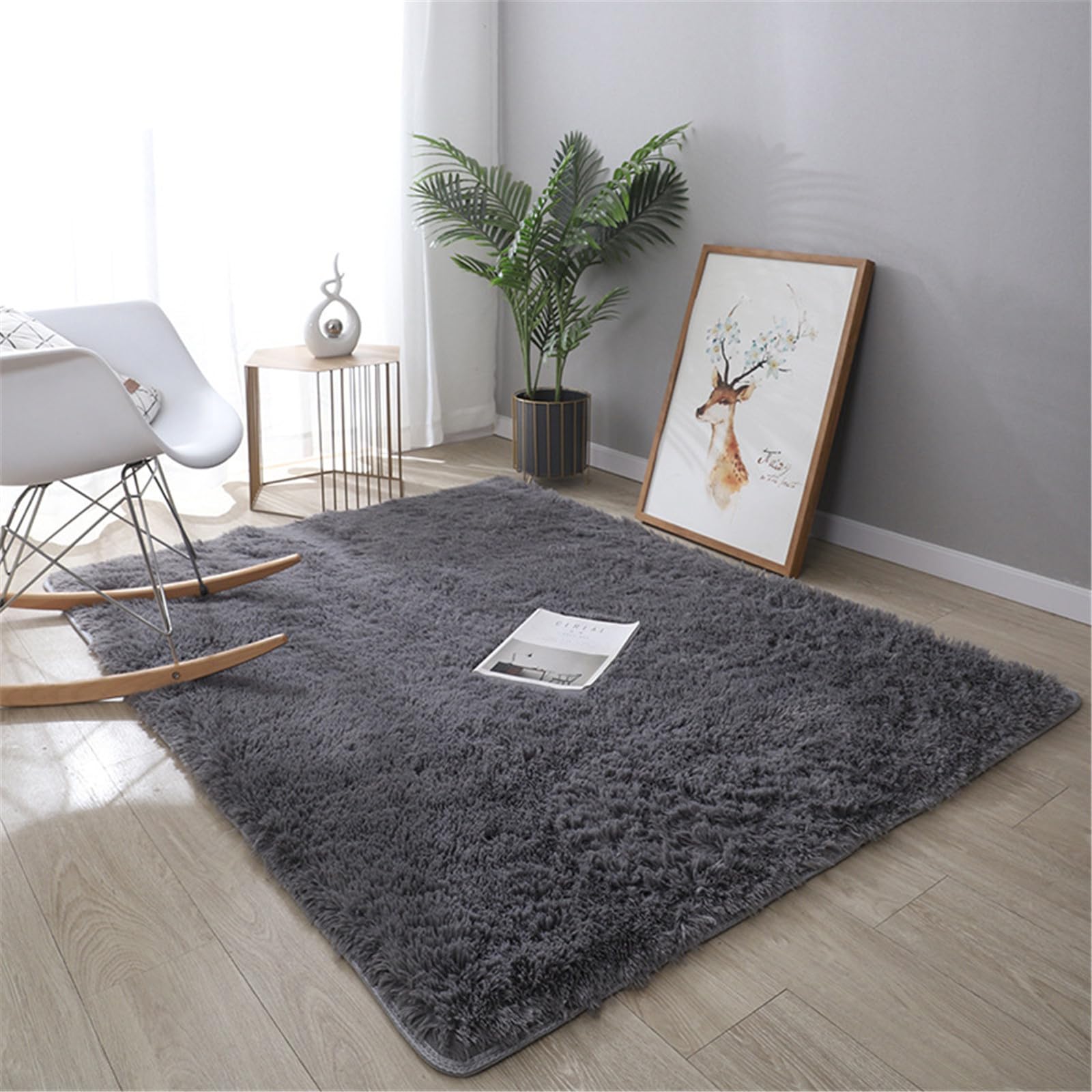 Highdi Tapis de Salon à Poils Longs Tapis Couleur Unie Doux et Moelleux Grand Tapis Tapis de Chambre Antidérapant Confortable Tapis Shaggy Couleur Unie pour Chambre, Salon (160x200cm,Gris)
