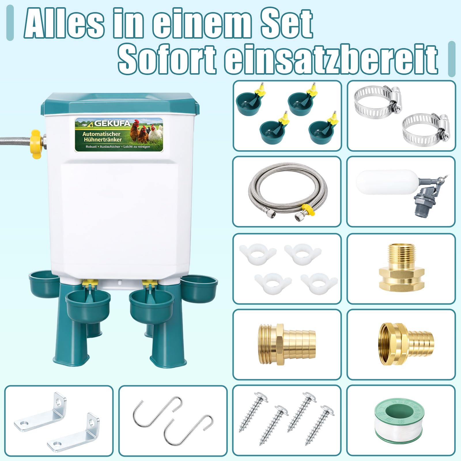 Futterautomat Hühner & Hühnertränke Set – 8 KG Futterspender & 7 L | Automatische Hühnertränke Kein Futterverlust, Robuster Kunststoff, Geflügelzubehör für Hühner & Enten