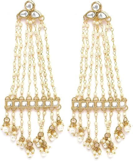 Karatcart Gold Plated Pearl Chain Kundan Drop Earrings for Women