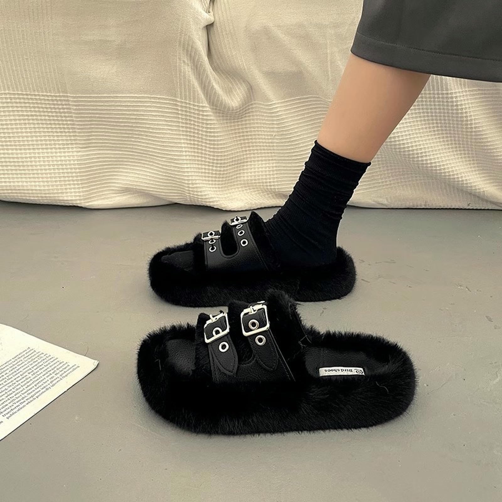 Pantofole Donna in Peluche da Donna, Stile Fibbia, Peluche, Fodera Pelliccia Sintetica-Marrone Chiaro-40