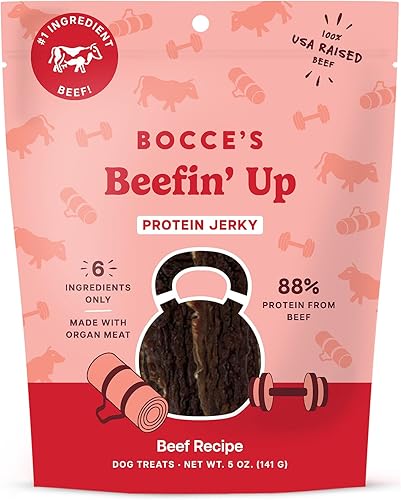 Bocce's Bakery Beefin' Up - Golosinas para perros con proteínas de carne seca de res, naturales y altas en proteínas, sin trigo, hechas con