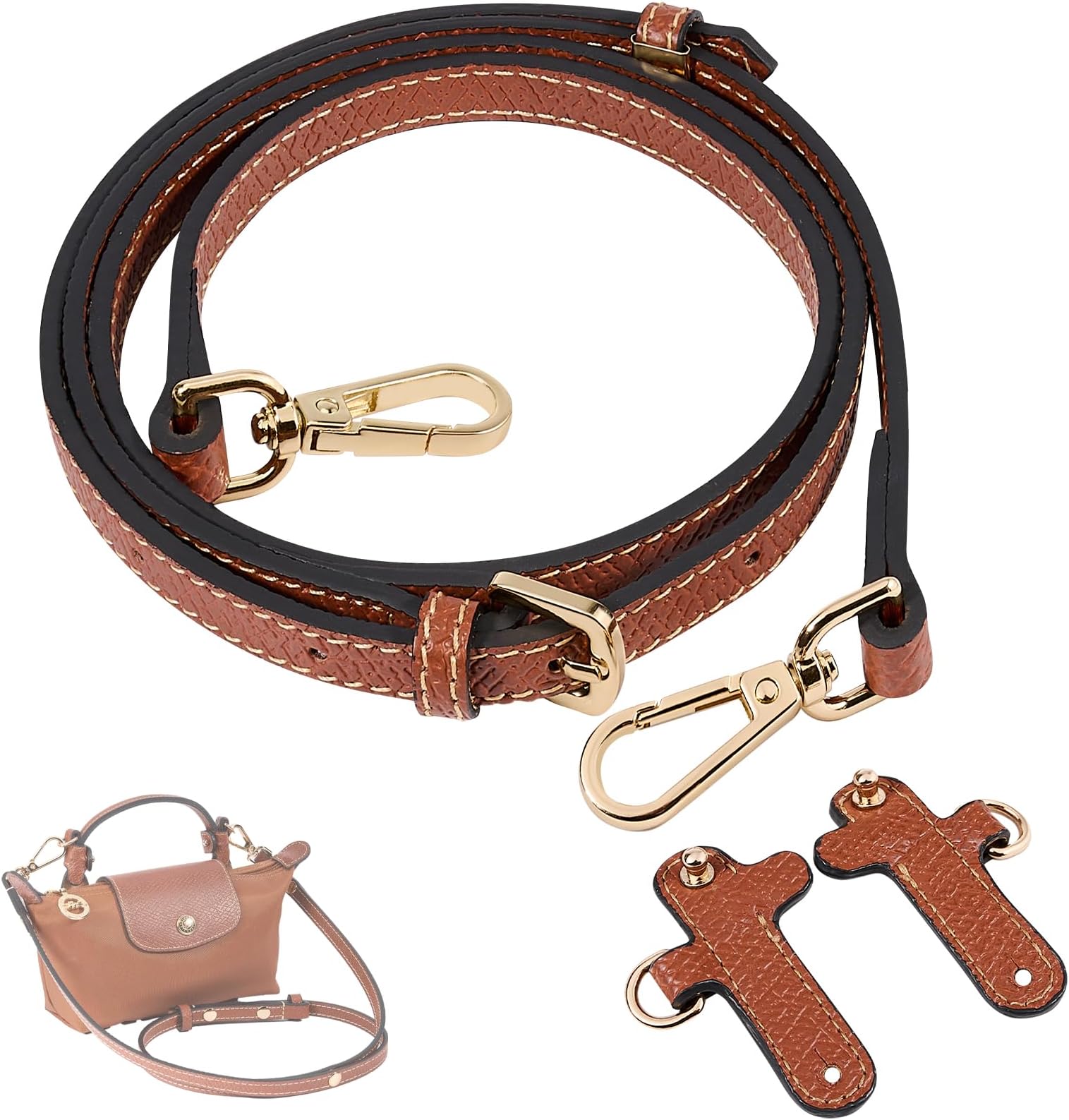 KOMHPS Purse Straps Replacement, Leather Handbag Shoulder Strap Adjustable for Crossbody Mini Longchamp Bag (Upgraded)