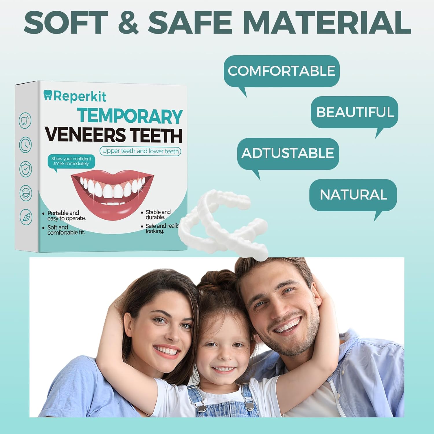 Temporary Snap on Veneers, Natural Looking False Teeth Dentures for Men and Women, Comfortable Fit for Upper and Lower (White)