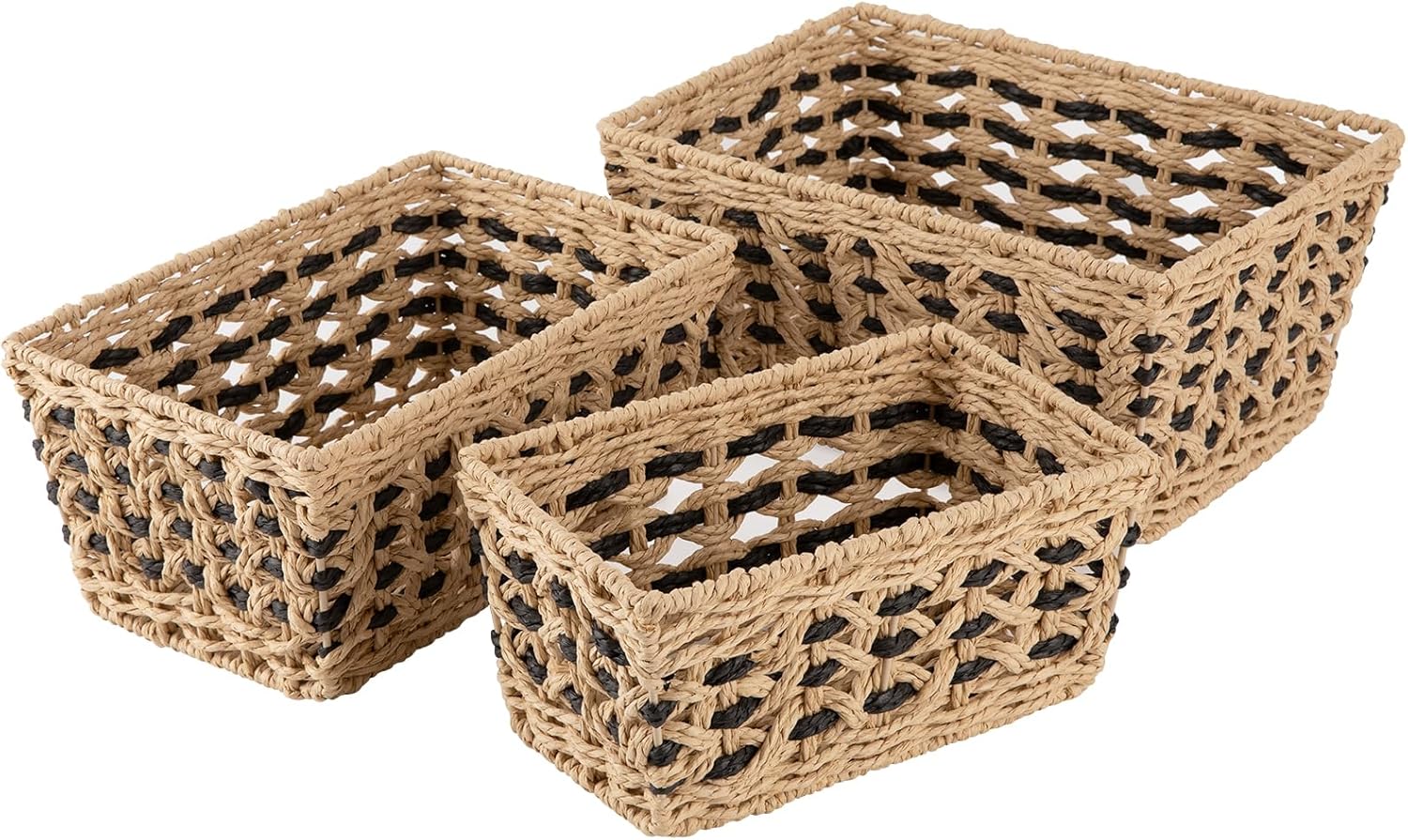 OIAHOMY Wicker Storage Baskets, Paper Rope Shelf Bins, Decortive Baskets for Organizing, Set of 3-Yellow & Black