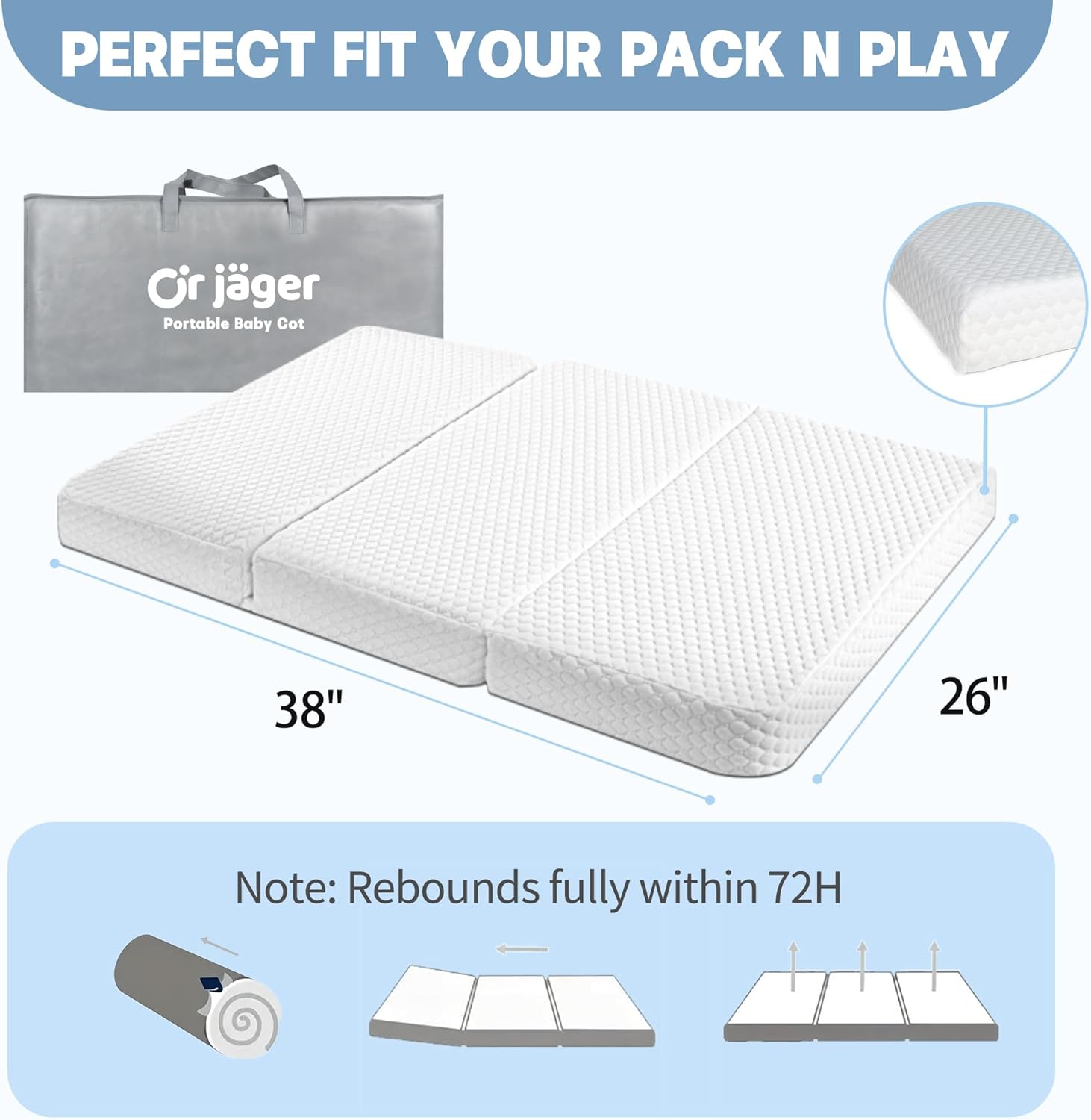 Dual-Sided Trifold Pack and Play Mattress 38x26'' Breathable Soft Plush Memory Foam for Toddler Travel Includes Carry Bag Removable Washable Cover Fits Pack n Play Mattress Pad