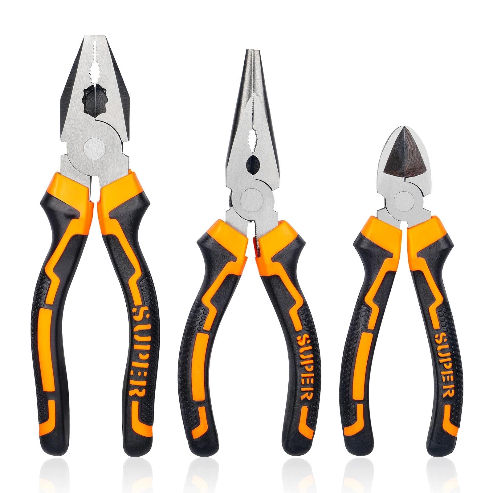 3 Pezzi Pinza Elettricista, Pinze Elettricista con Maniglia Ergonomico, Pinza a Becco Lungo, Taglio Diagonale, Pinze da Elettricista Universale, Kit Pinze per Riparazioni Domestiche