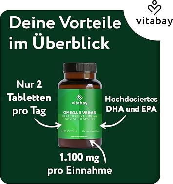 Vitabay Omega 3 Vegan 60 Capsules with 1100 mg Pure Algae Oil with Vitamin E - High Dose - DHA 600 mg & 300 mg EPA - Laboratory Tested in Germany & No Additives - Quality from Nature