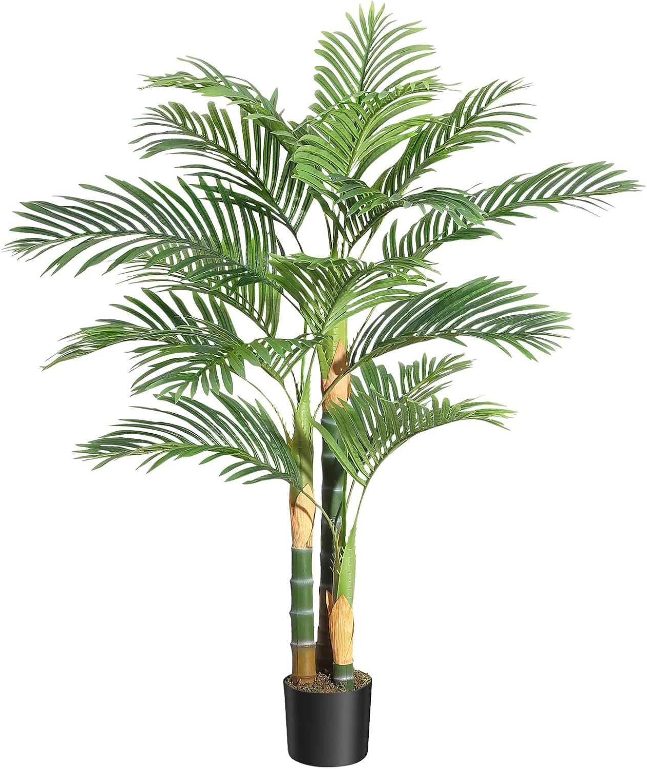 1 Pcs 5FT Artificial Golden Cane Palm Tree, Faux Exotic Plant with 3 Sturdy Poles & 15 Lifelike Leaves, UV Resistant, Realistic Decorative Fake Palm for Indoor Outdoor Home, Office