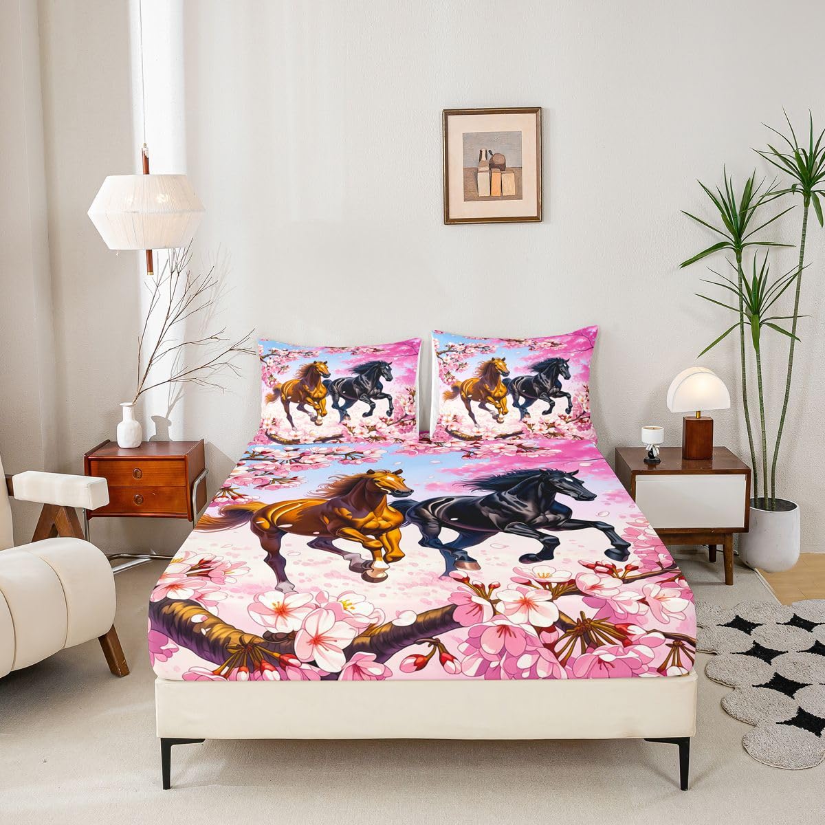 Homemissing Sábana bajera ajustable con 2 fundas de almohada, tamaño King, diseño de caballo galopante, con bolsillo profundo de 16 pulgadas de profundidad, ropa de cama de caballo para niños, niñas