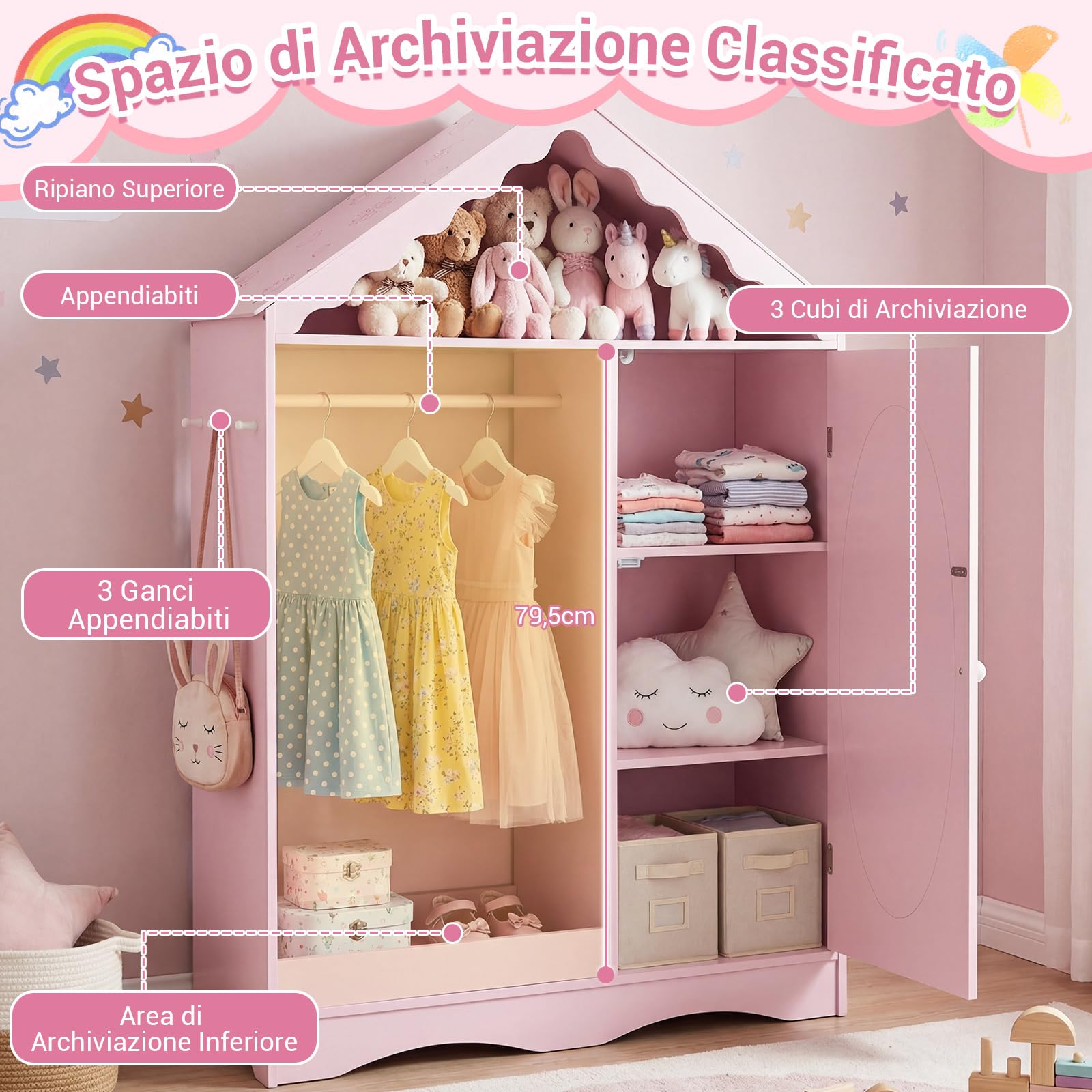 COSTWAY Armadio con Specchio per Bambini, Guardaroba Coperto con Appendiabiti Aperto, Scaffali e Ganci, Armadio e Organizzatore di Costumi per Camera da Letto e Stanza dei Giochi (Rosa)