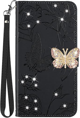 ONV Phone Case Compatible with Oppo Reno 10 - Shinny Butterfly Leather Case with Strap Anti-Seismic Bumper Kickstand Magnet Card Holder Cover for Oppo Reno 10 / Reno 10 Pro [HT02] -Black 1