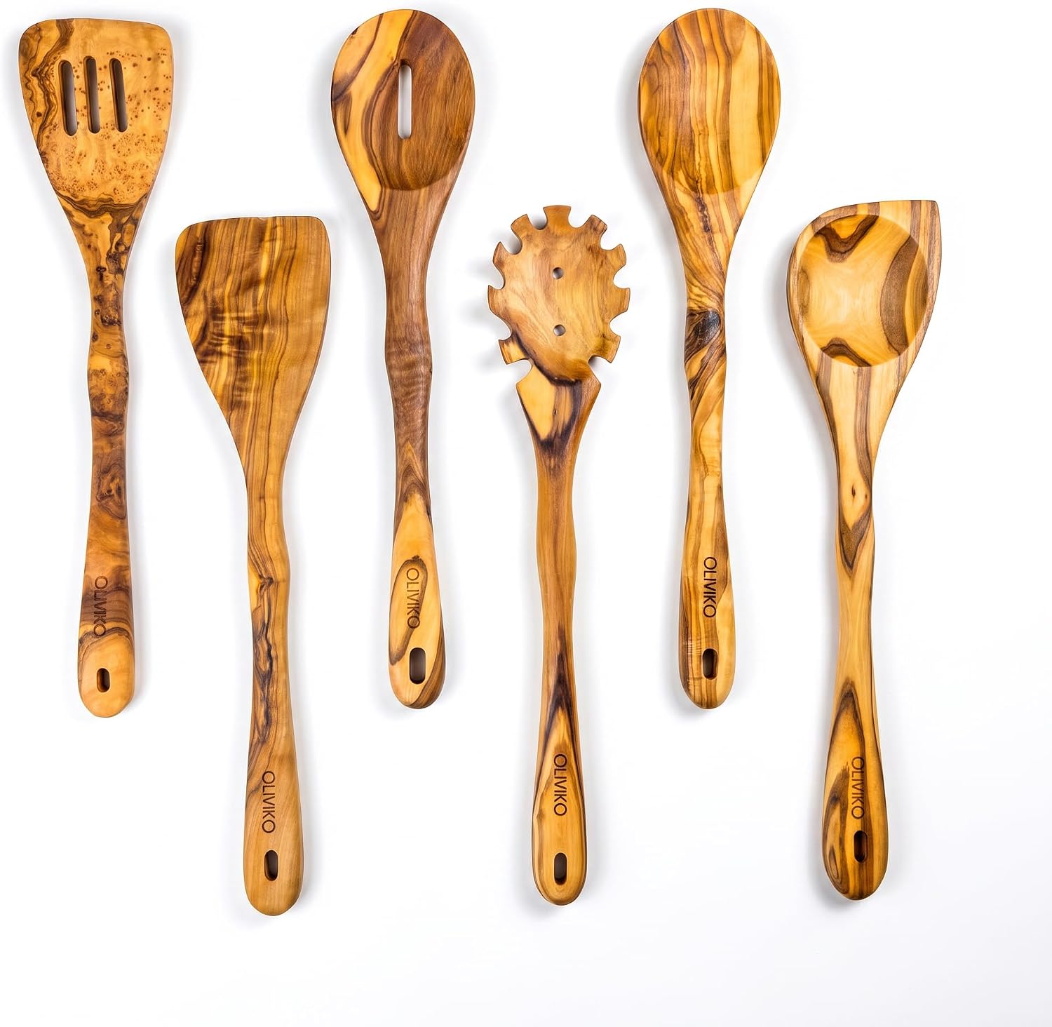 100% Olive Wood Handmade 6 Spoon Set - Wooden Kitchen Utensils