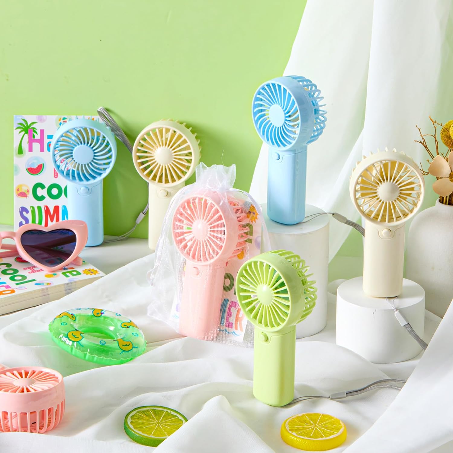 Rossesay 50 Set End of Year Gifts Mini Fans Summer Portable Party Favors Handheld Fan Battery Operated Fans with Thank You Cards Organza Bags for Office