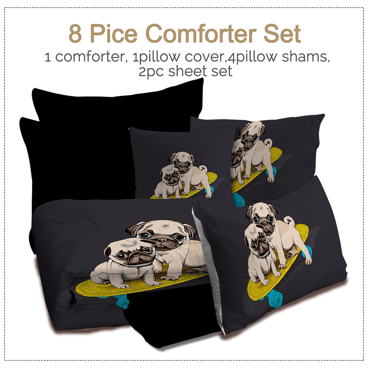 BlessLiving Boys Pug Comforter Set Funny Puppies Skateboard Design All Season Down Alternative Bedding - 1 Comforter, 2 Pillow Shams, 1 Flat Sheet, 1 Fitted Sheet, 1 Cushion Cover, 2 Pillowcases, Twin