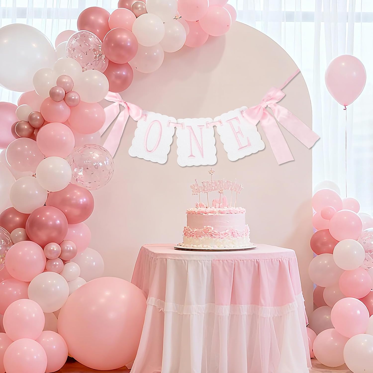 One High Chair Banner Girl, First Birthday Decoration for Sweet Baby Girl, 1st Pink Bow Birthday Banner Embroidery Felt Decorations for Bow Themed Party Photo Props