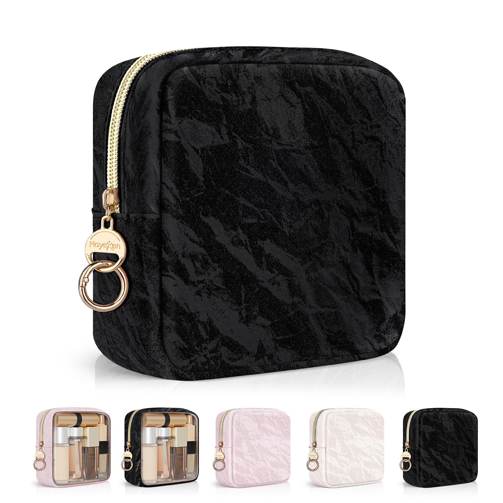 Playexen 5.5" Small Makeup Bag for Purse, PU Leather Mini Cosmetics Bag with Ring Buckle, Portable Small Travel Makeup Pouch for Women, Birthday/