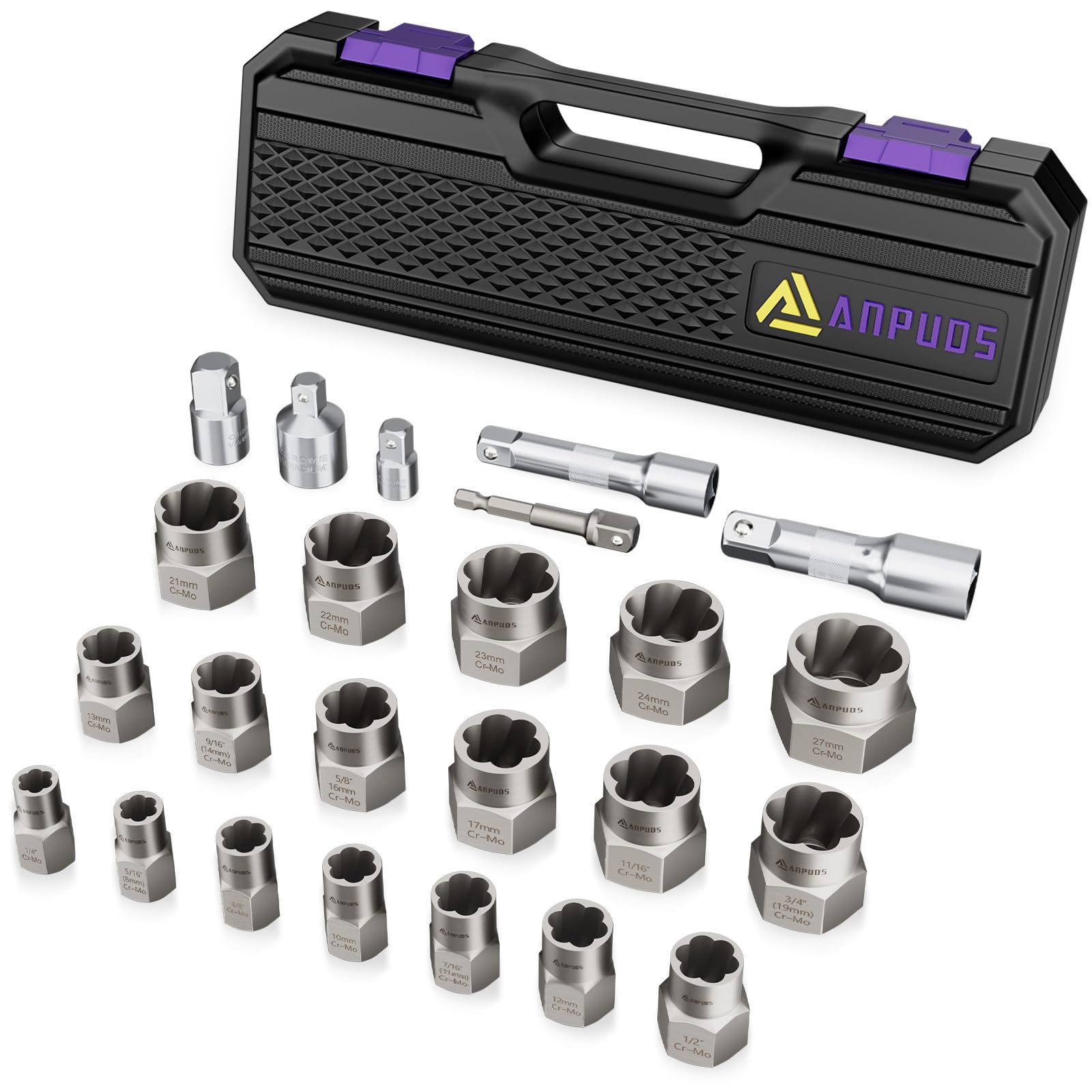 ANPUDS 24 Piece Bolt Extractor Kit, 1/2" and 3/8" Drive Impact Bolt & Nut Remover Set, Stripped Bolt Extractor Set, Lug Nut Removal Tool for Removing